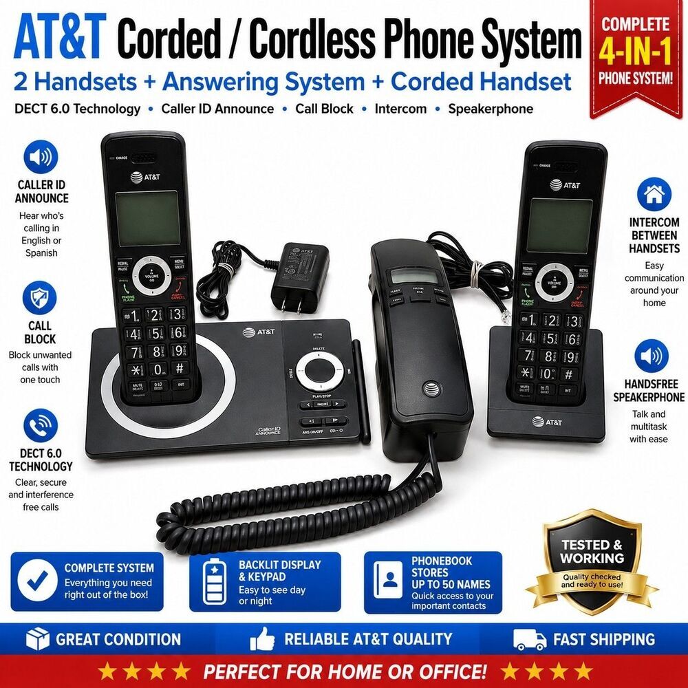 AT&T CL82219 Cordless Phone System 2 Handsets Answering Machine +GE Corded Phone